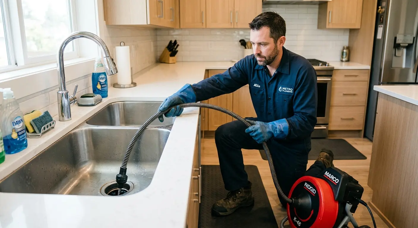 Drain cleaning technician using a motorized snake on a kitchen sink in Durango