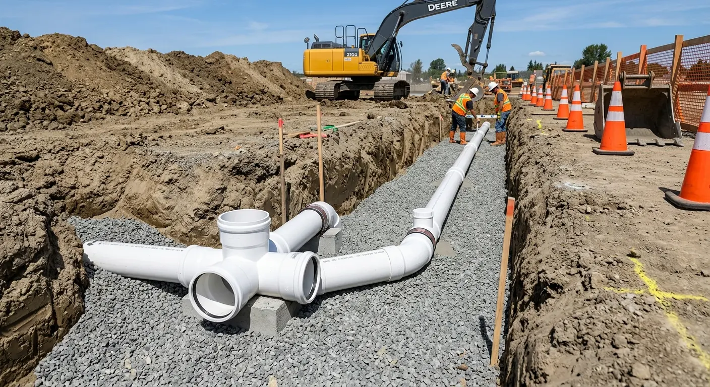 New PVC sewer pipe installation in open trench for Commercial Drain Cleaning in Durango