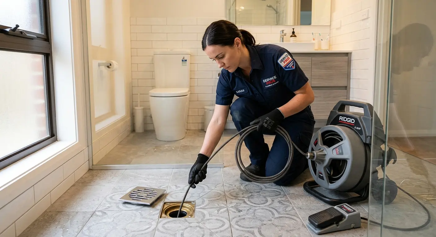 Technician clearing a bathroom floor drain for Sewer Line Installation in Durango